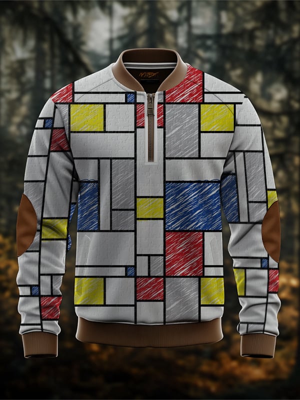 Sudadera retro Mondrian en bloques de color estampado Zip cuello para hombre