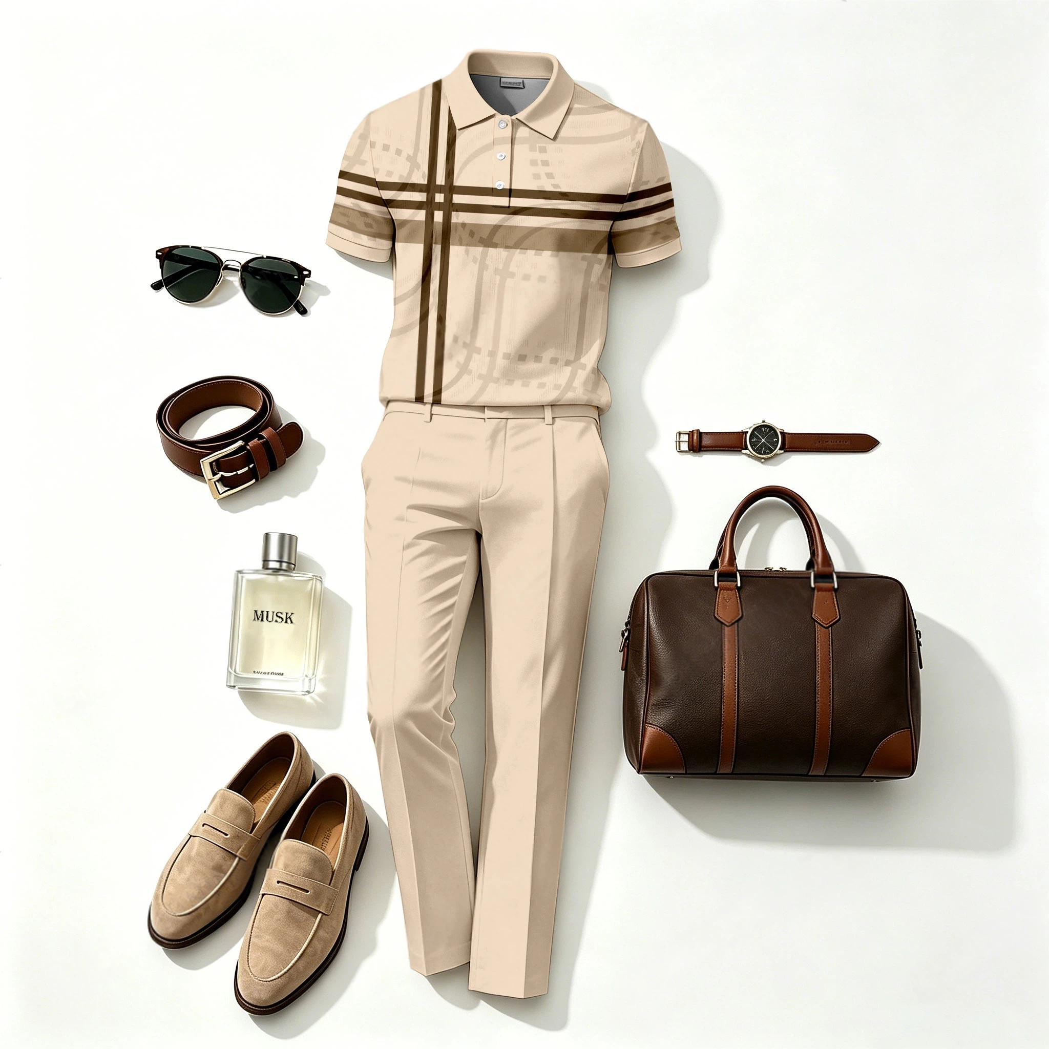 Conjunto de dos piezas casual Horizontal and Vertical Cross-Patterned de manga corta camisa polo and Long pantalón (Does Not Include Accessories Such As Watches Or Glasses) para hombre