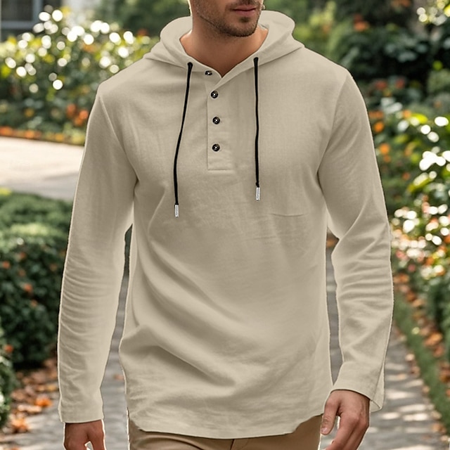 Camisa Beach Wear Hooded camisa Solid / Plain Color Street Going out Black White Khaki Gray de manga larga Hooded Summer Clothing Apparel Adjustable Drawstring Hood para hombre