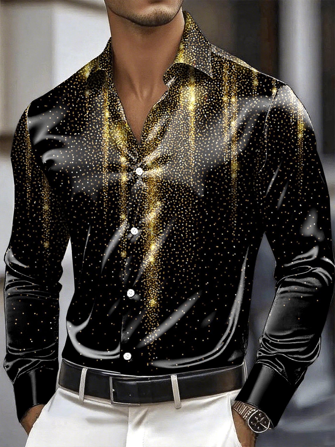Camisa satén Luxe de manga larga con botones para hombre