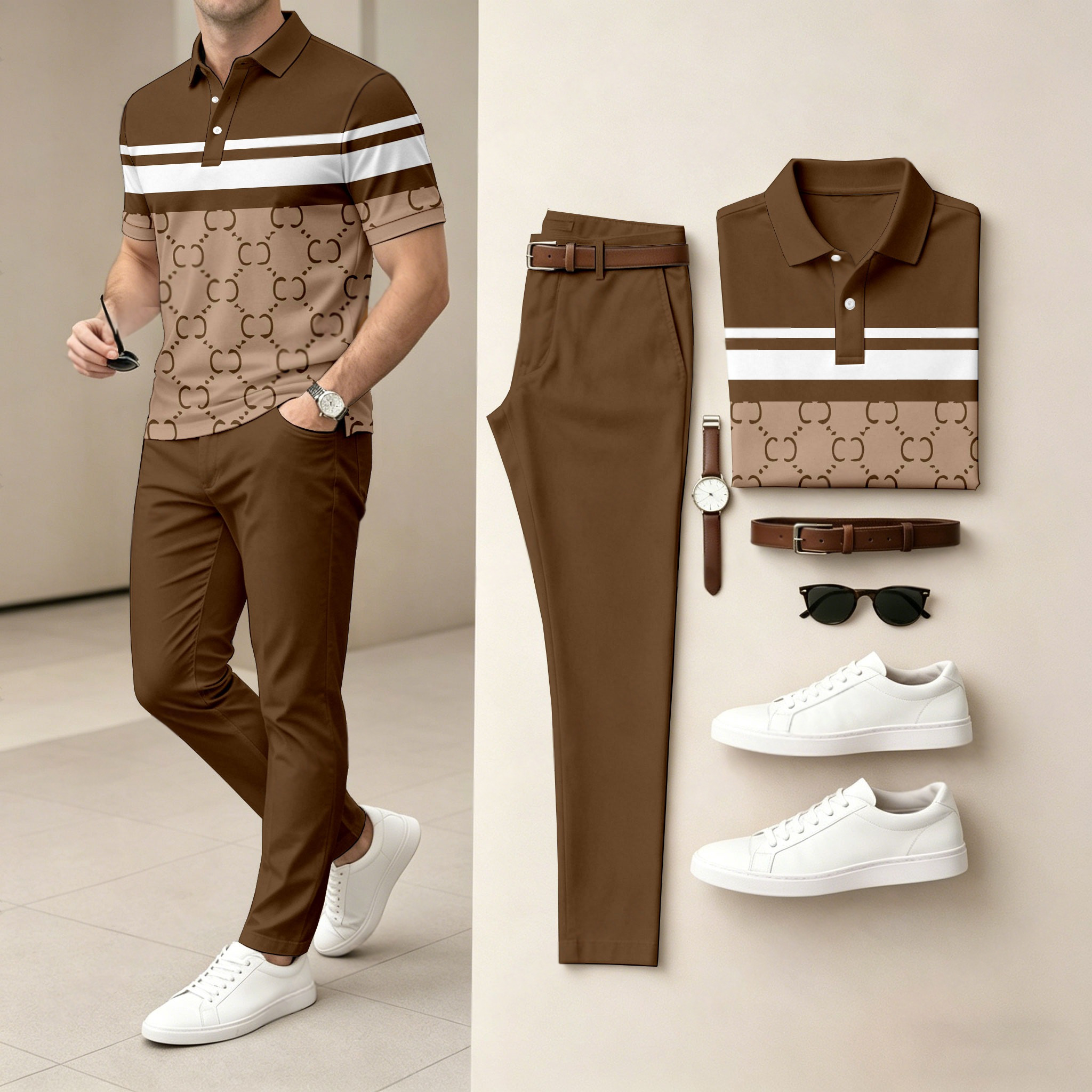 Conjunto de dos piezas casual Brown a cuadros estampado camisa polo And pantalón para hombre