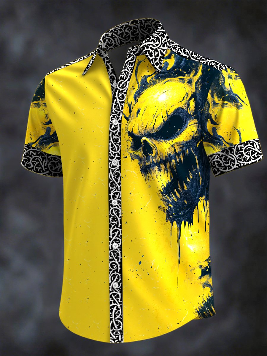 Camisa retro Horror Skull estampado solapa de manga corta para hombre