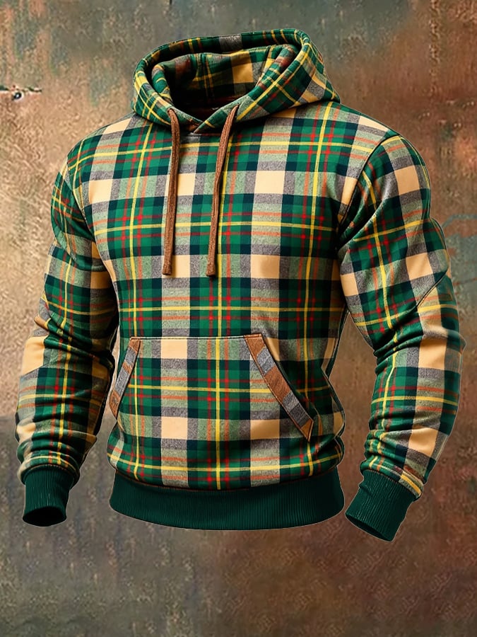 Sudadera retro a cuadros Contrast Color Hooded para hombre