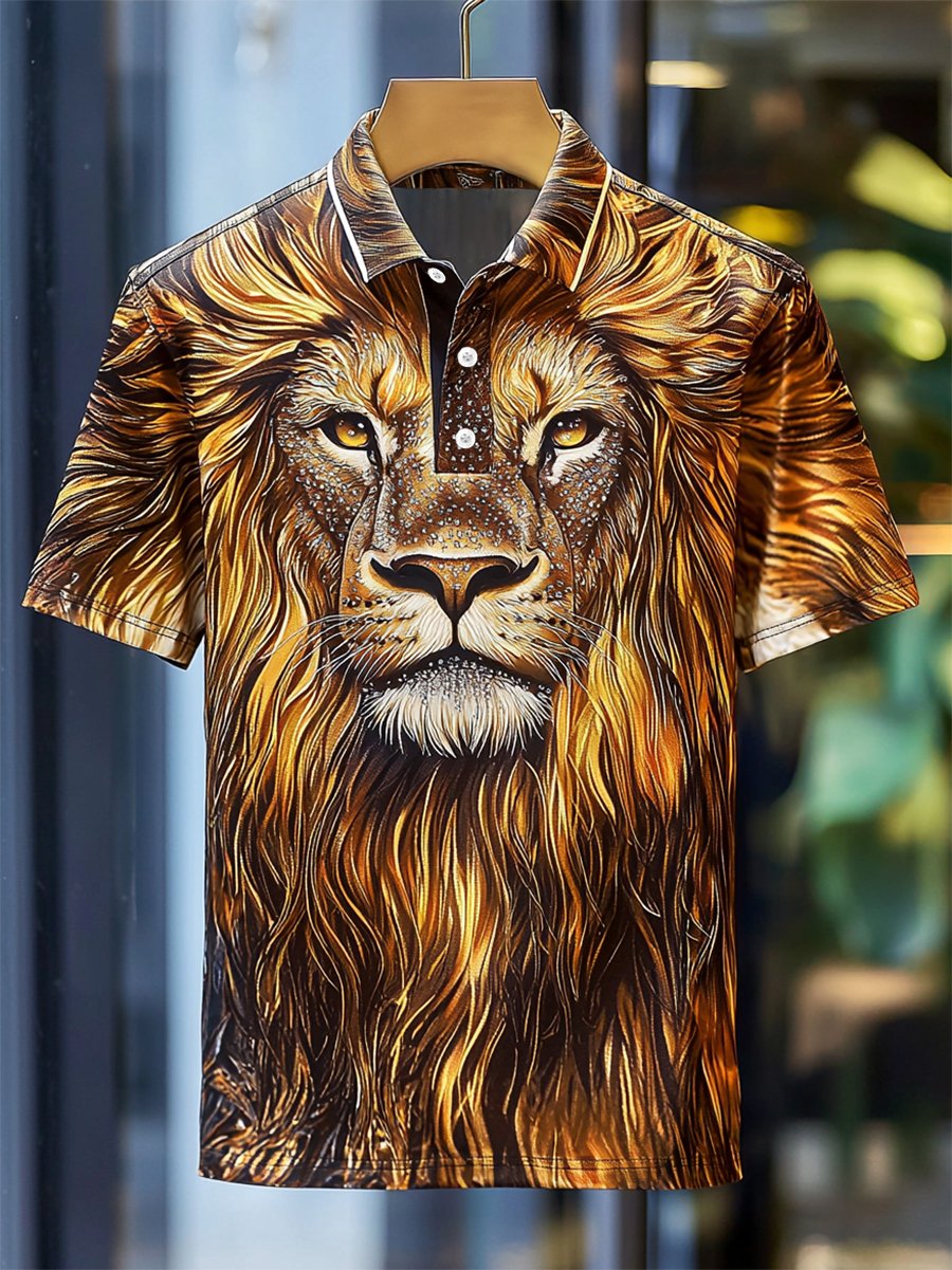 Camisa polo ejecutivo casual Lion estampado Button de manga corta para hombre