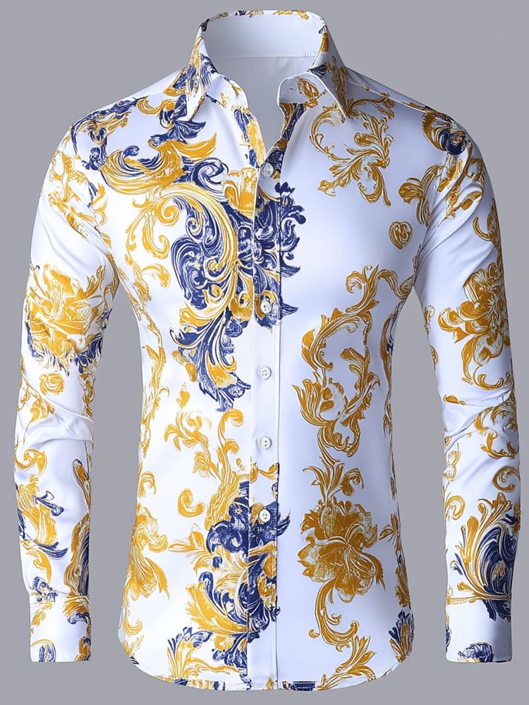 Camisa ejecutivo de lujo Blue and Yellow floral de manga larga para hombre