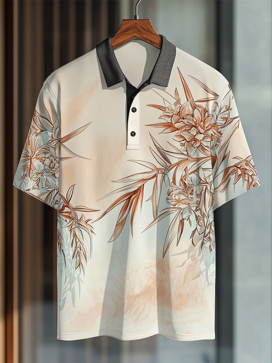 Camisa polo casual Festive floral estampado Button de manga corta para hombre