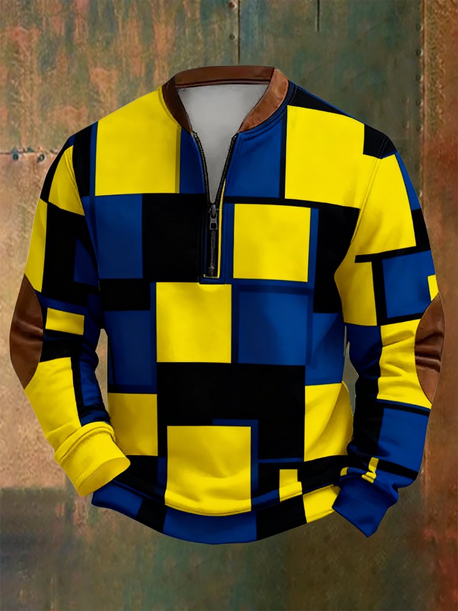 Sudadera retro Bauhaus geométrico Style estampado Quarter Zip para hombre
