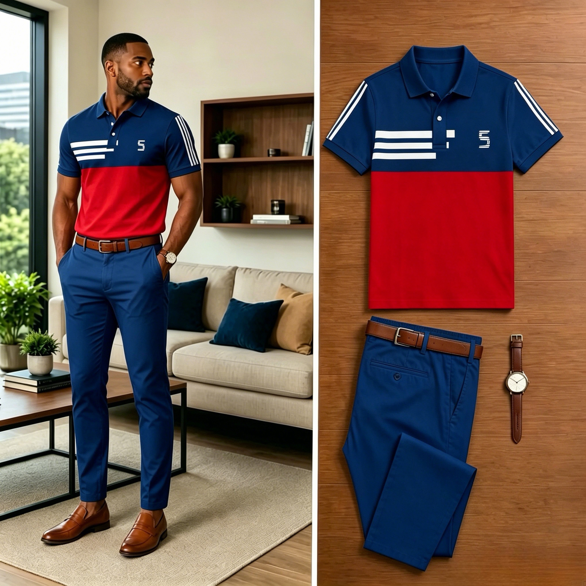 Conjunto de dos piezas casual Contrasting estampado camisa polo And pantalón para hombre