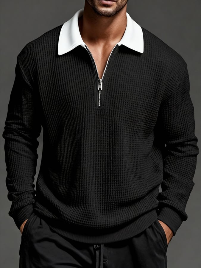 para hombre vintage Waffle-tejido casual para exterior de manga largad camisa polo