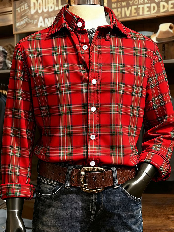 Camisa Christmas a cuadros estampado de manga larga casual para hombre