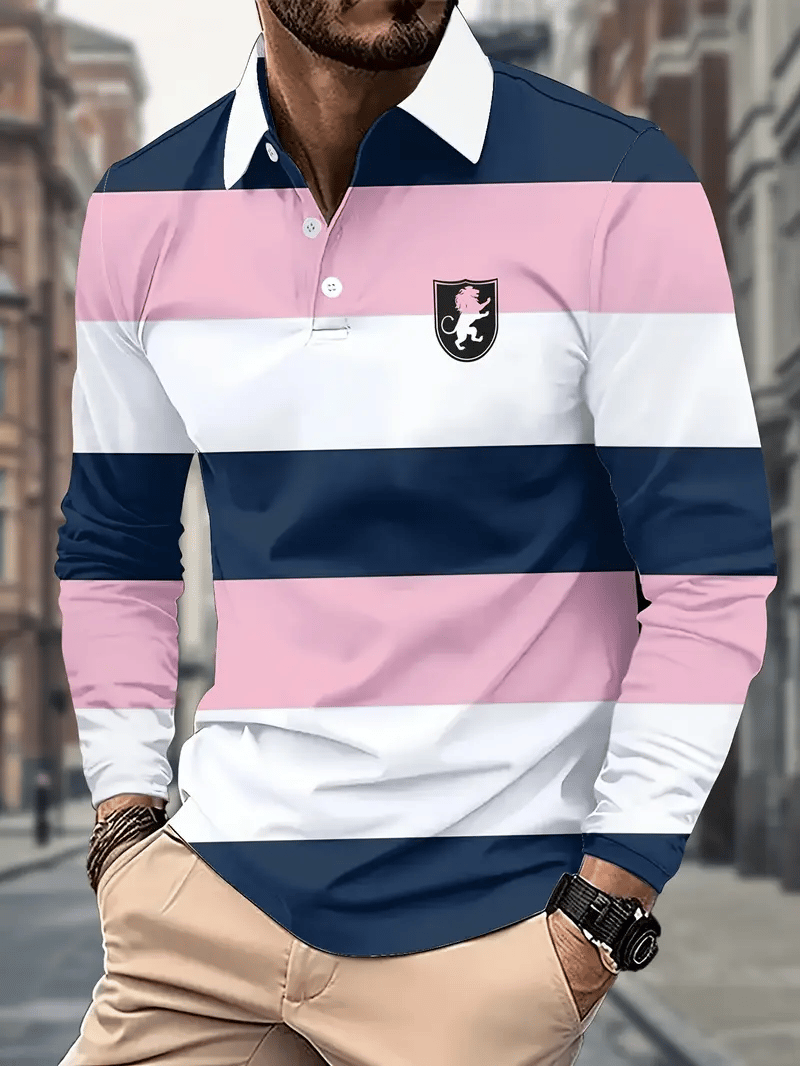 Camisa polo retro ejecutivo rayas estampado de manga larga para hombre