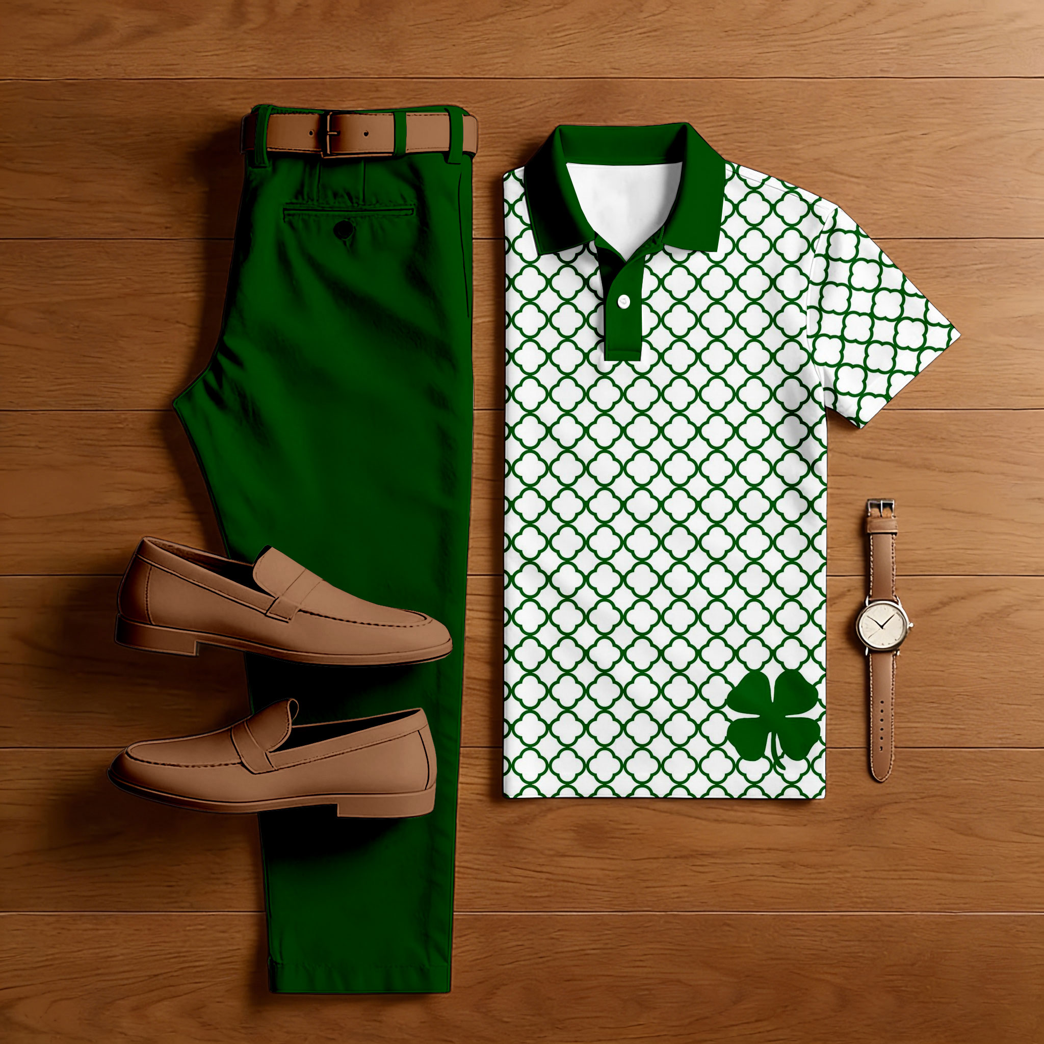 Conjunto de dos piezas casual Green & White Color Matching St. Patrick's Day Checkered estampado de manga corta camisa polo & Trousers para hombre