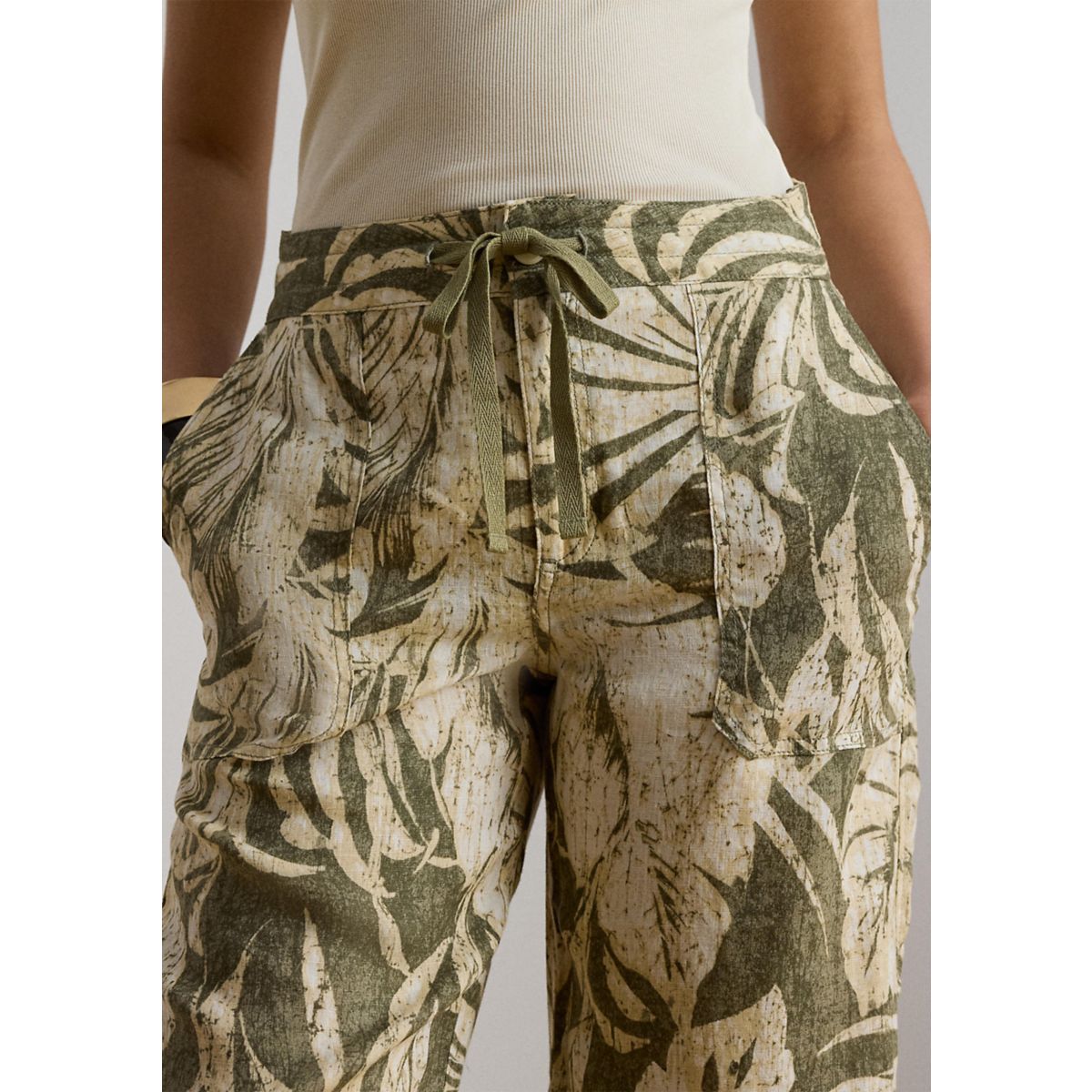 Petite Palm Frond Print Linen Wide Leg Pants - 3