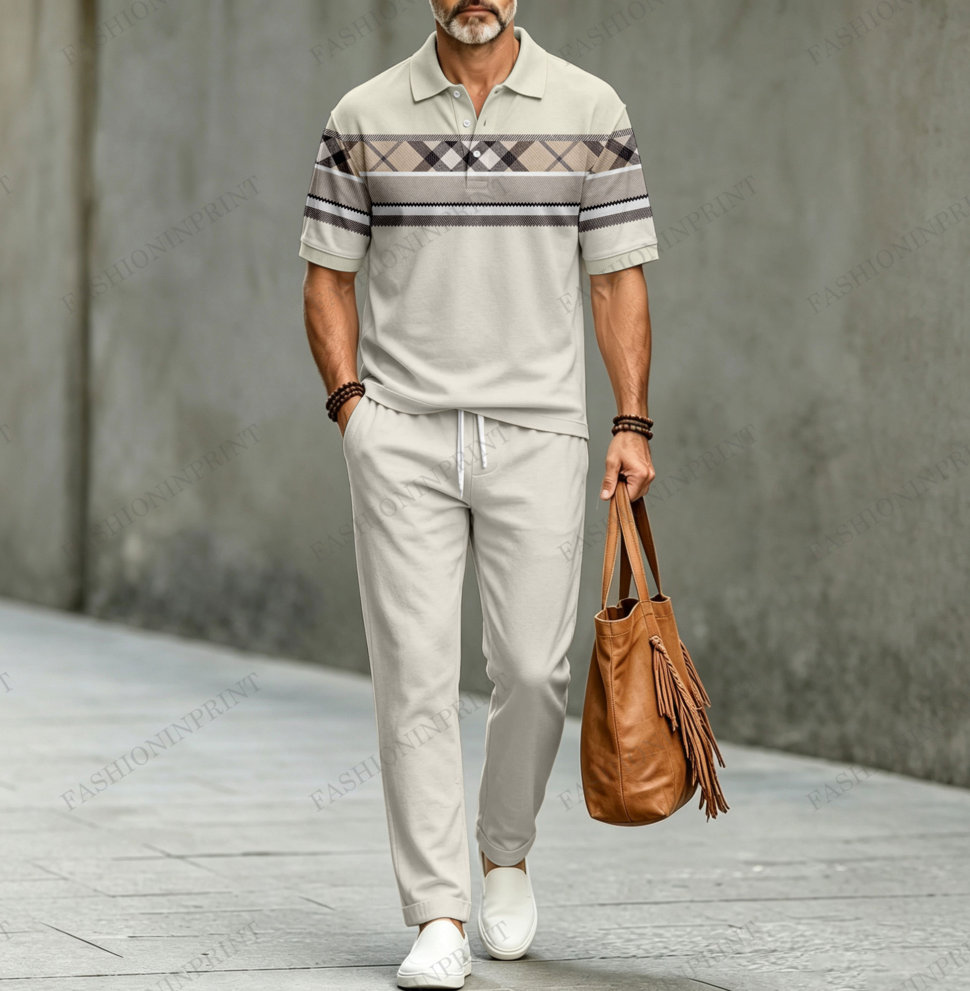 Conjunto de dos piezas casual a rayas Patchpara trabajo-estampado de manga corta camisa polo and pantalón para hombre
