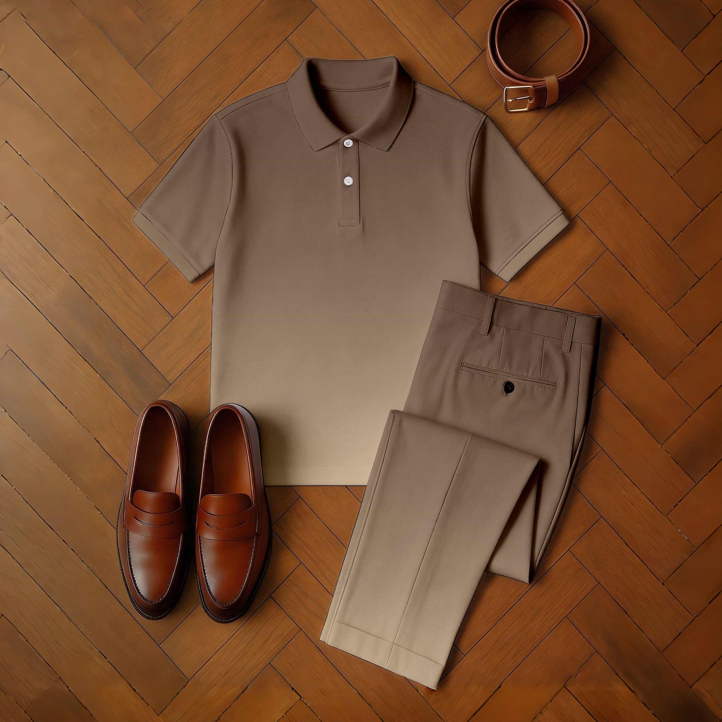 Conjunto de dos piezas casual Brown Gradient White Color Matching estampado de manga corta camisa polo & Trousers para hombre