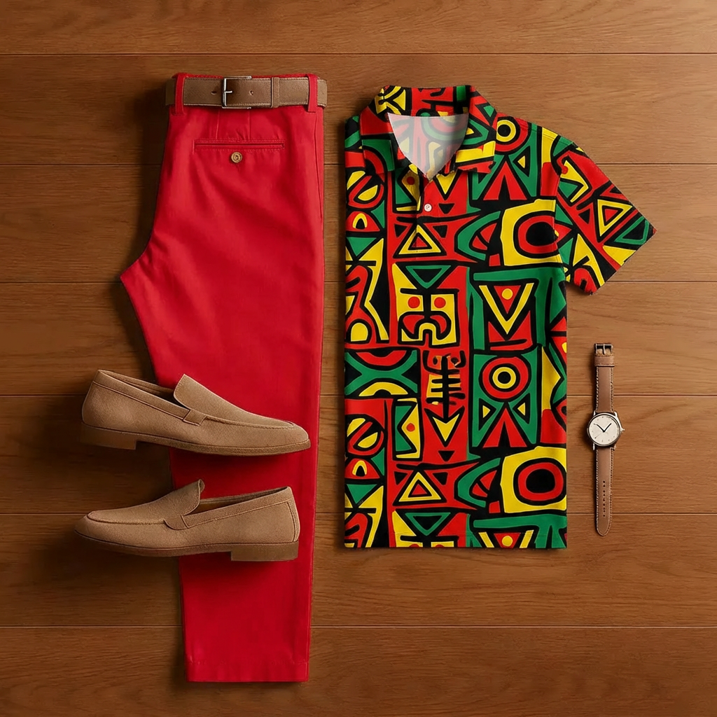 Conjunto de dos piezas retro Green Geometric estampado de manga corta camisa And Trousers para hombre