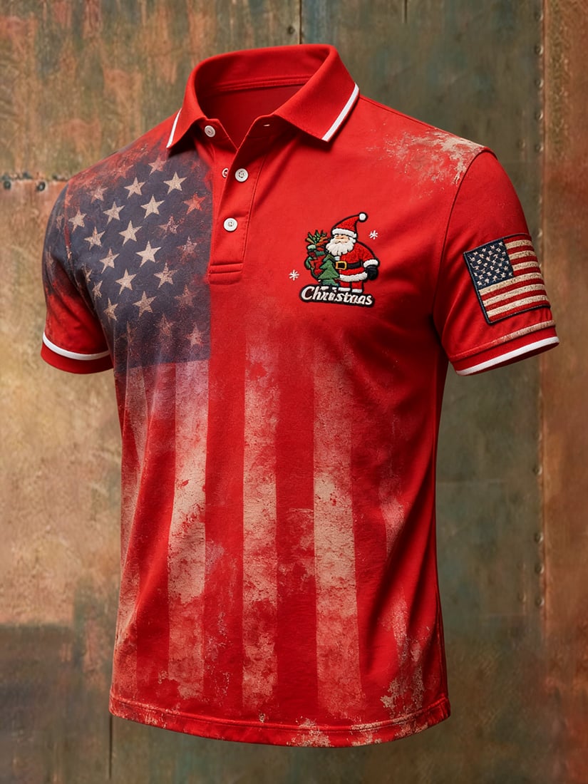 Camisa polo vintage Christmas American Flag con botones de manga corta para hombre