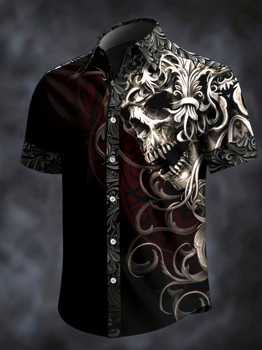 Camisa retro Horror Skull estampado solapa de manga corta para hombre
