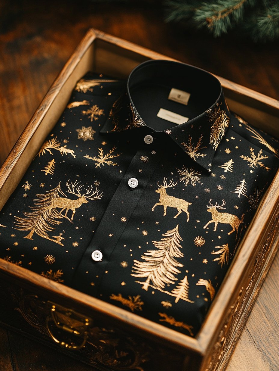 Camisa Christmas ejecutivo de lujo Elk estampado de manga larga para hombre
