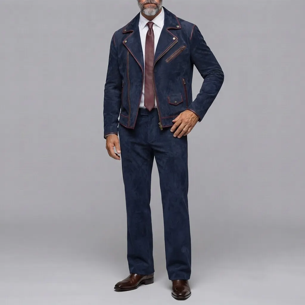 para hombre clásico Navy Blue Suede Contrast Piping Asymmetrical Zipper de corte entallado chaqueta