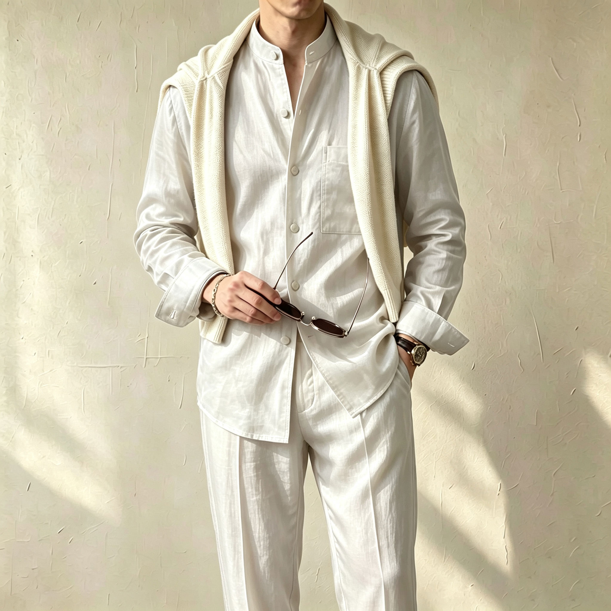 Conjunto de dos piezas casual Solid-Color estampado Stand-Collar de manga larga camisa and pantalón para hombre