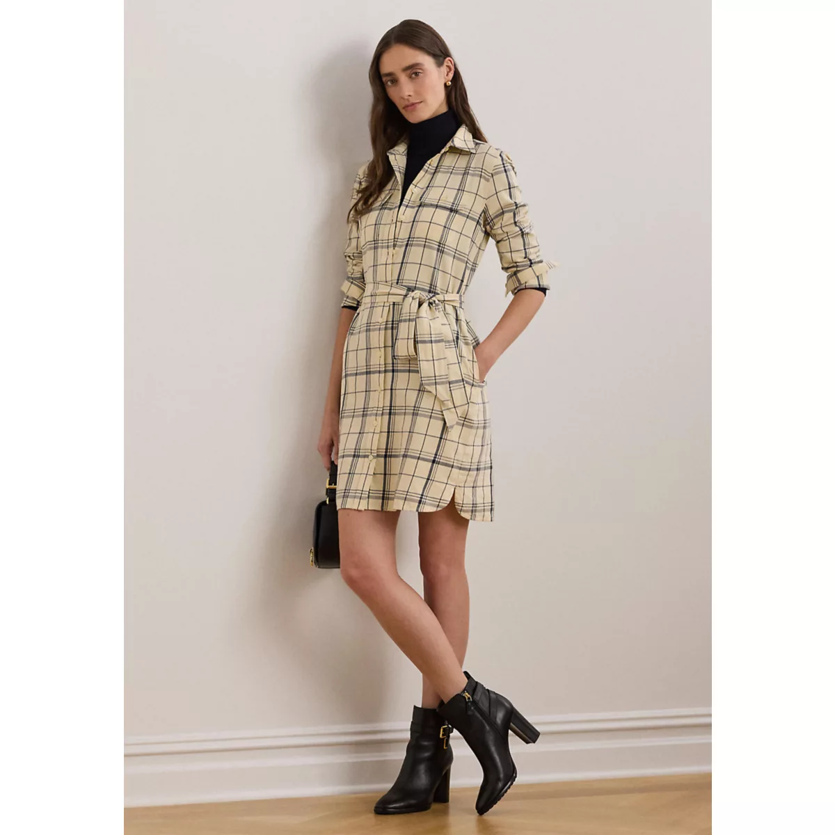 Women's Plaid Belted Twill Cotton Shirtdress - 1