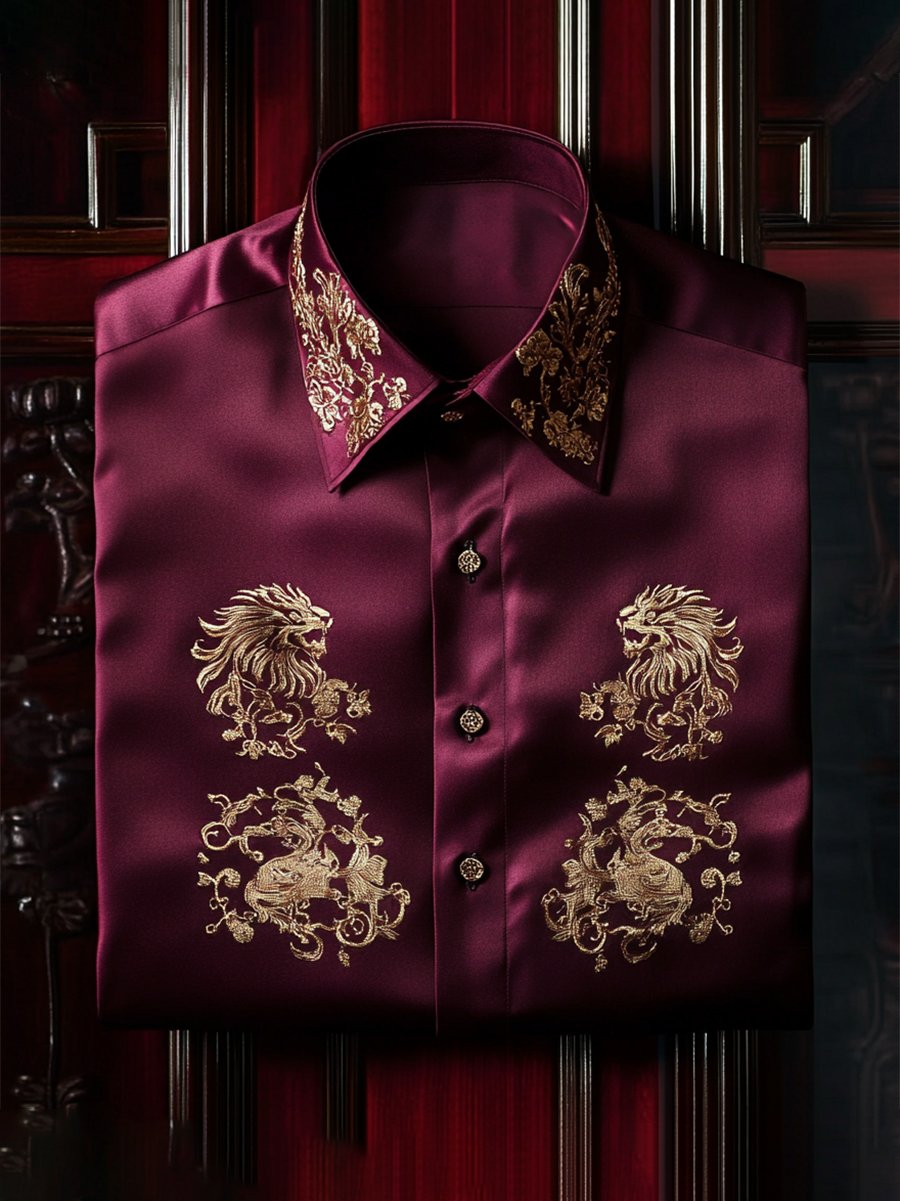 Camisa satén de lujo vintage ejecutivo de manga larga para hombre