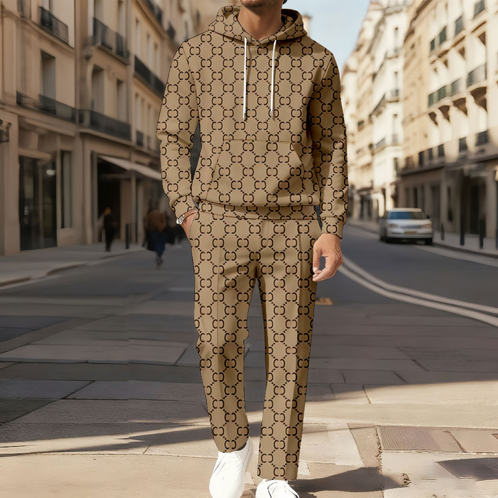 Conjunto de dos piezas casual Color Matching estampado de manga larga sudadera con capuchas sudadera & Trousers para hombre