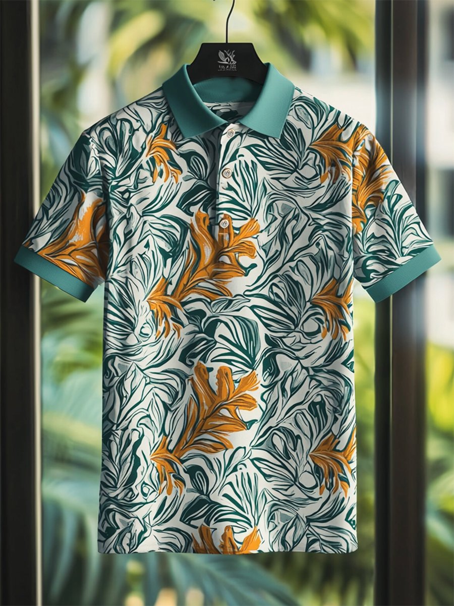 Camisa polo Resort floral estampado Button de manga corta para hombre