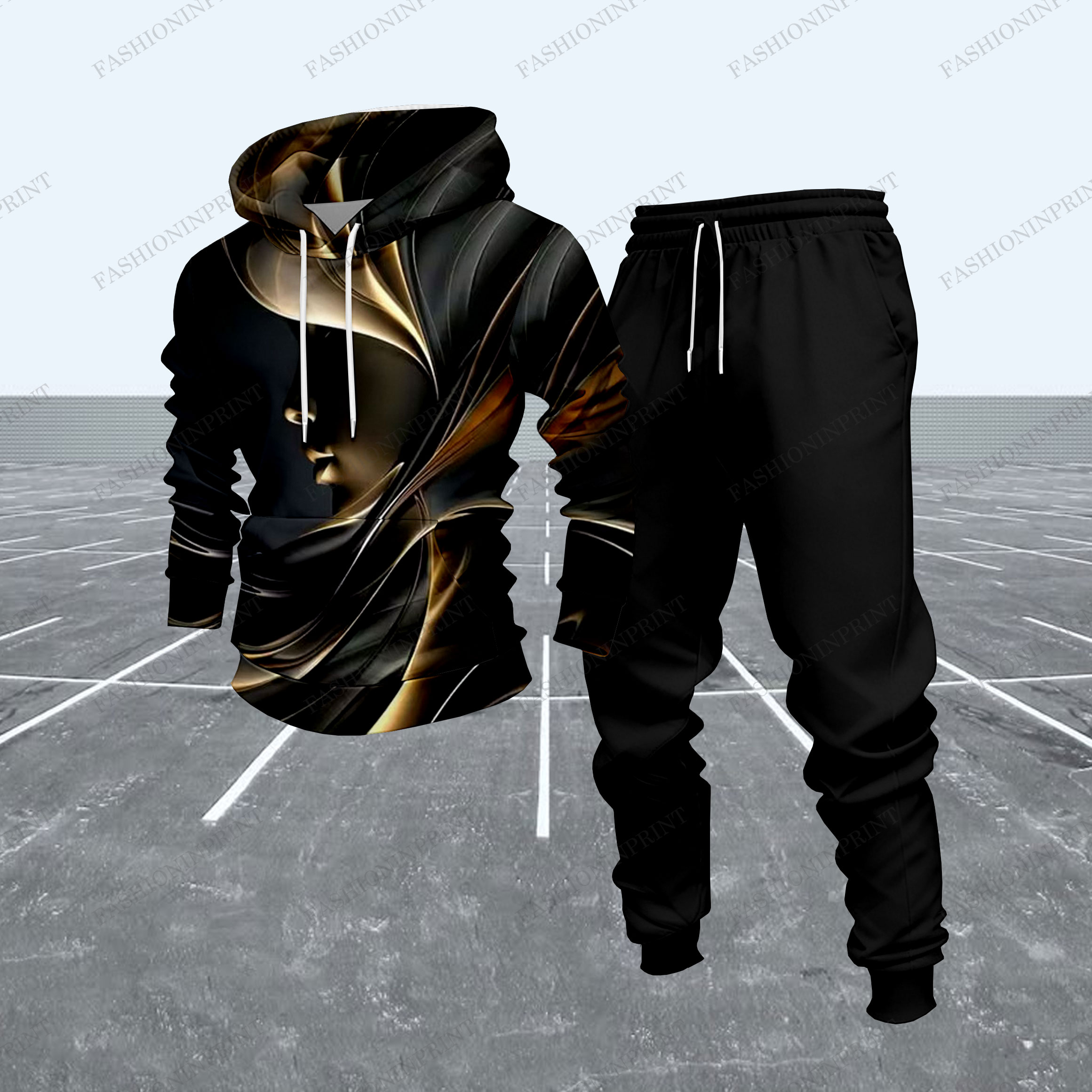 Conjunto de dos piezas casual Gold & Black Pattern sudadera con capuchas de manga larga sudaderas & Sweatpantalón para hombre