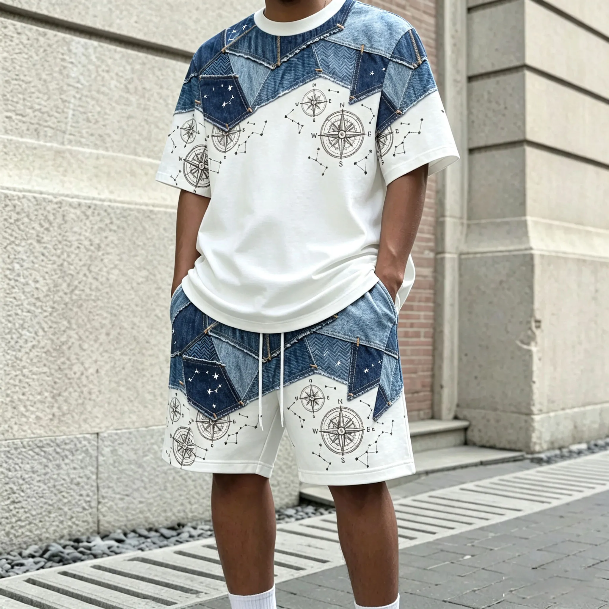 para hombre Two-Tone estampado Crew-Neck de manga corta camiseta and shorts Set