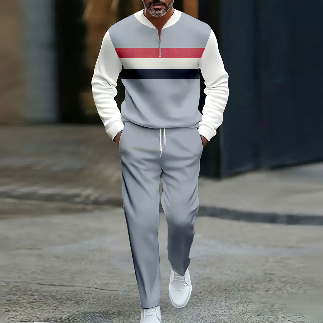 Conjunto de dos piezas casual Color Matching estampado Round-Neck Zipper de manga larga Trousers para hombre