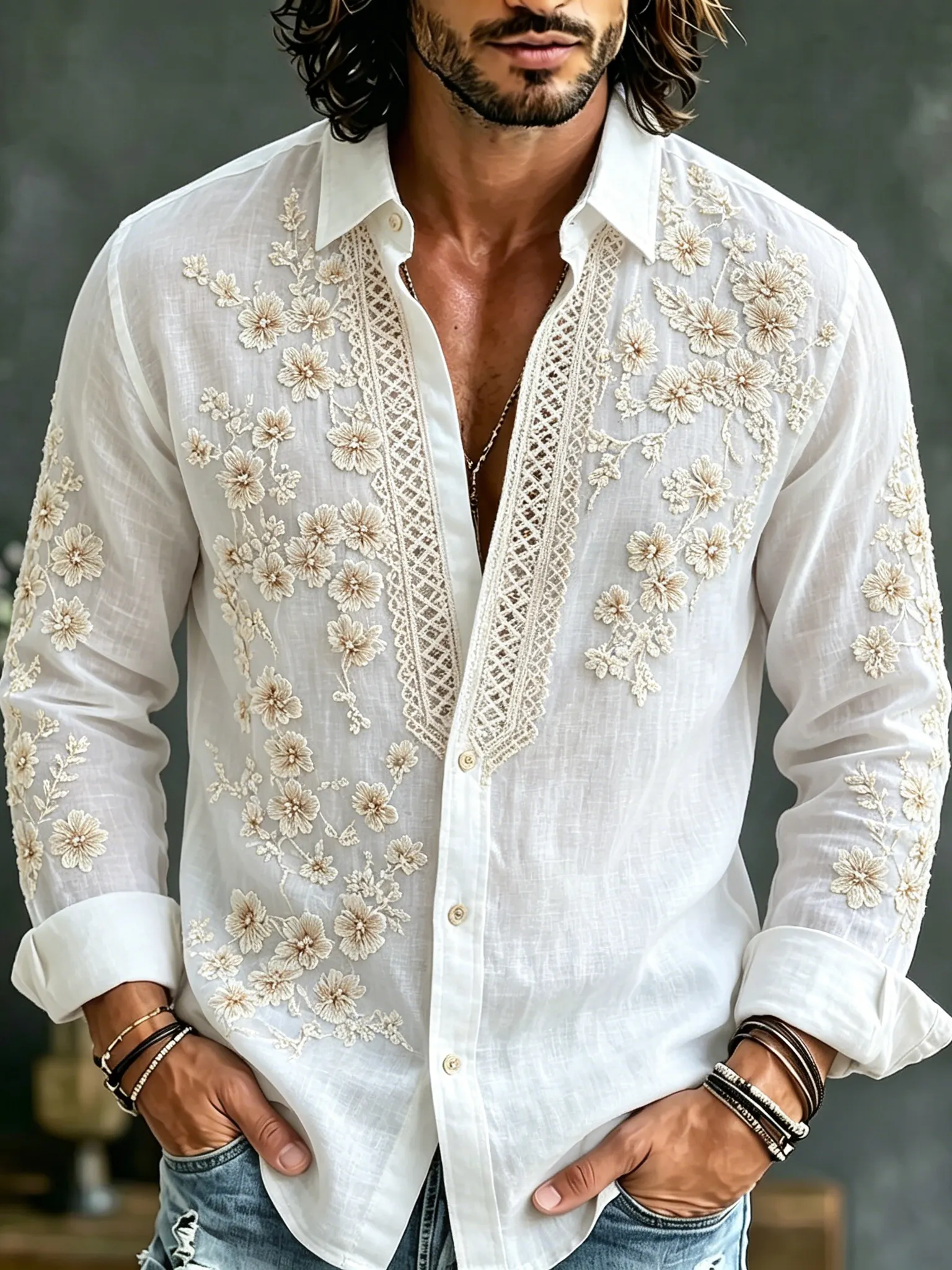 para hombre vintage floral Embroidered Art de manga larga camisa
