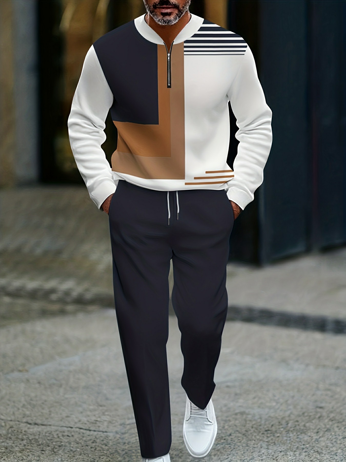 Conjunto de dos piezas casual Navy Blue & White Color Matching Geometric Asymmetric estampado Round-Neck Zipper de manga larga Trousers para hombre