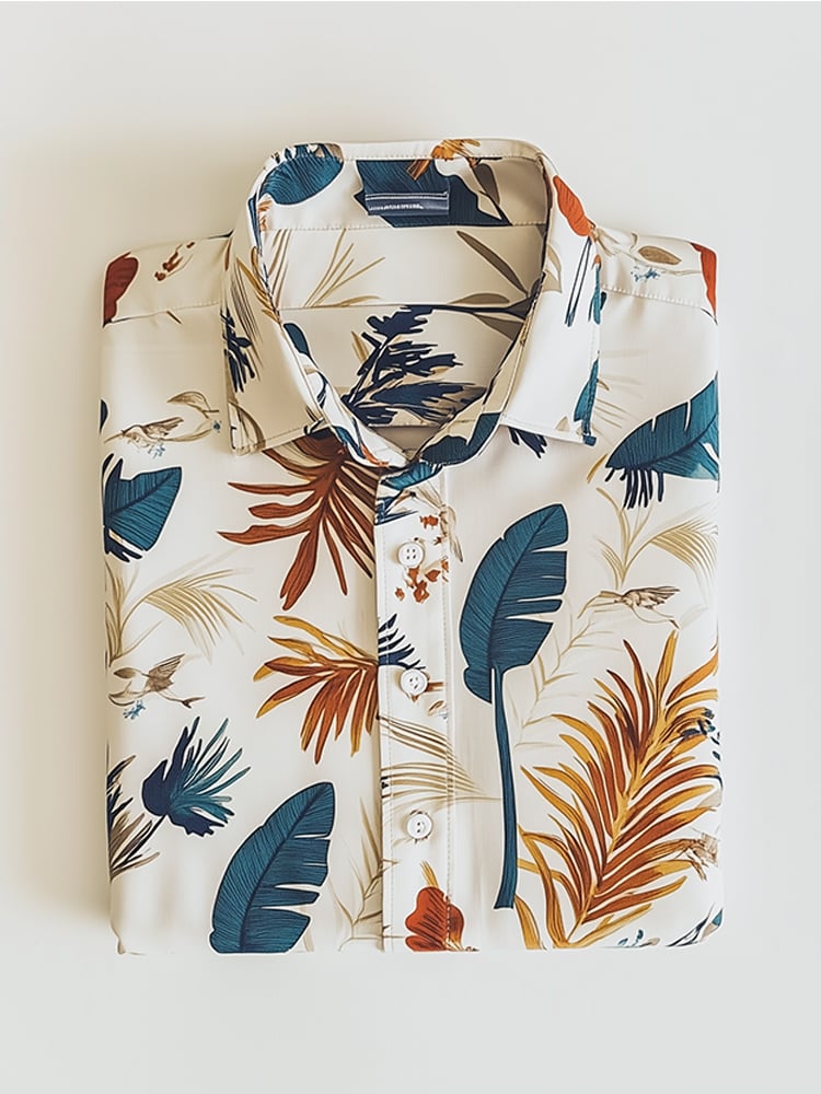 Camisa ejecutivo casual hawaiano Leaf solapa de manga corta para hombre