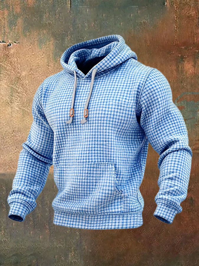 Sudadera casual retro a cuadros estampado de manga larga Hooded para hombre