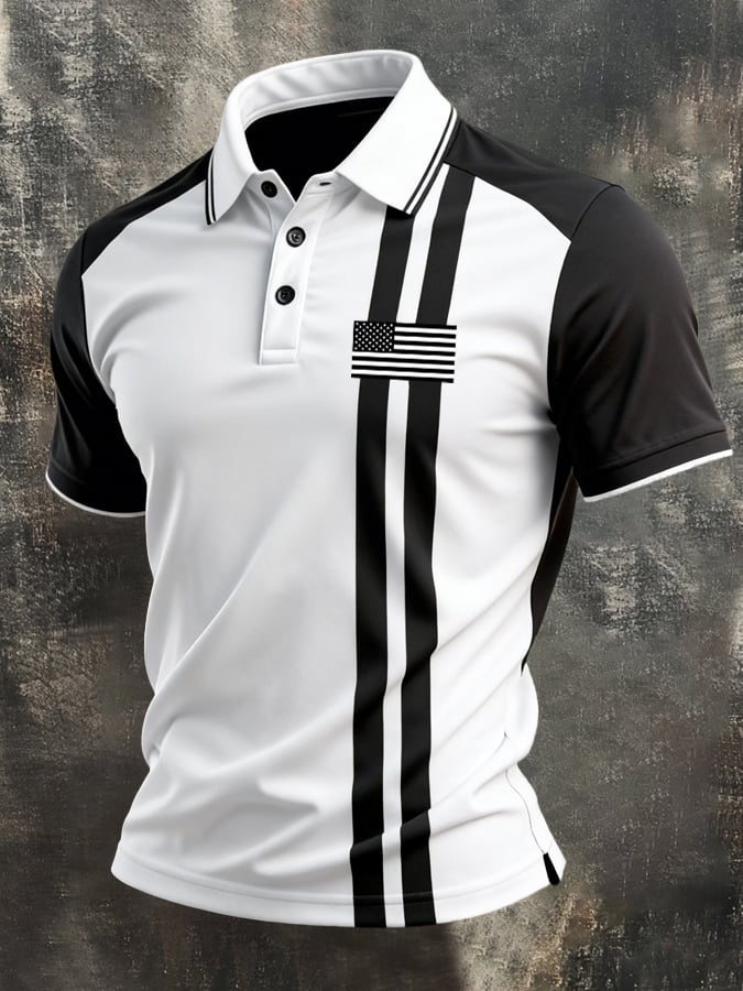 Camisa polo retro Patriotic Color-Block de manga corta para hombre