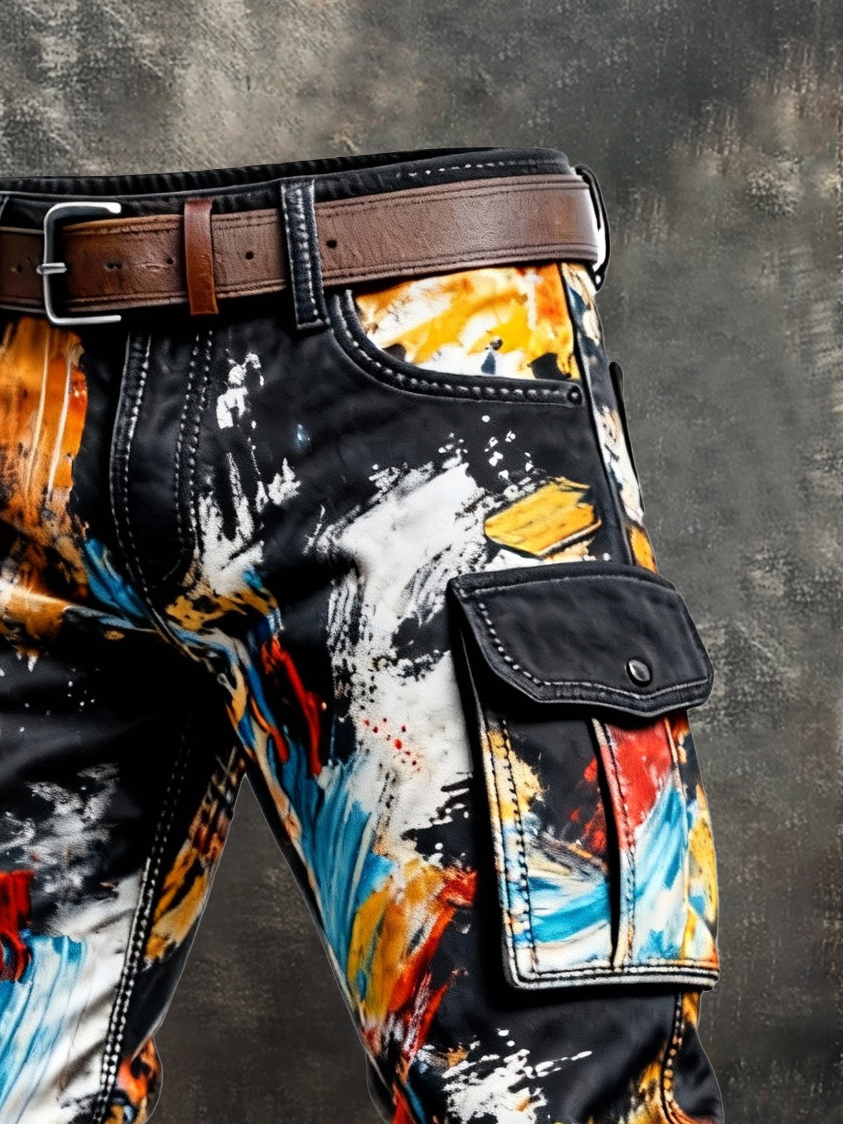 Pantalón retro en bloques de color desgastado bolsillo Cargo para hombre