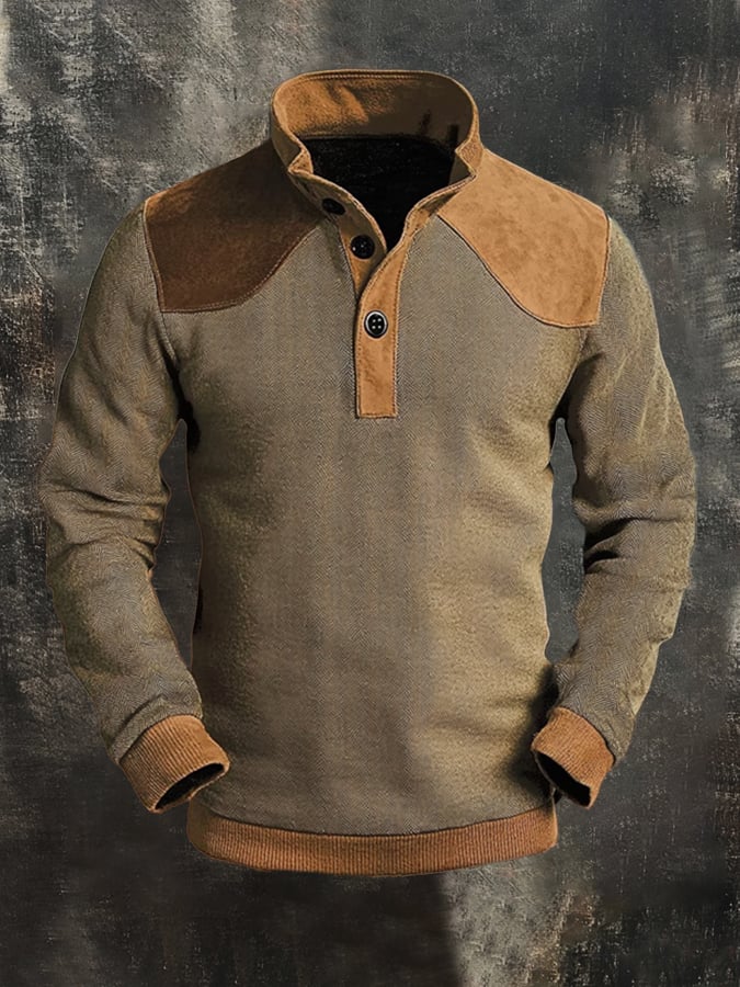 Sudadera casual retro Contrast Color Stand cuello de manga larga para hombre