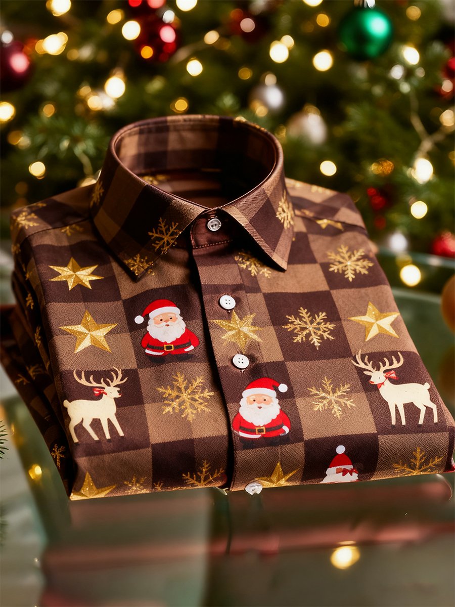 Camisa Christmas de manga larga con botones para hombre