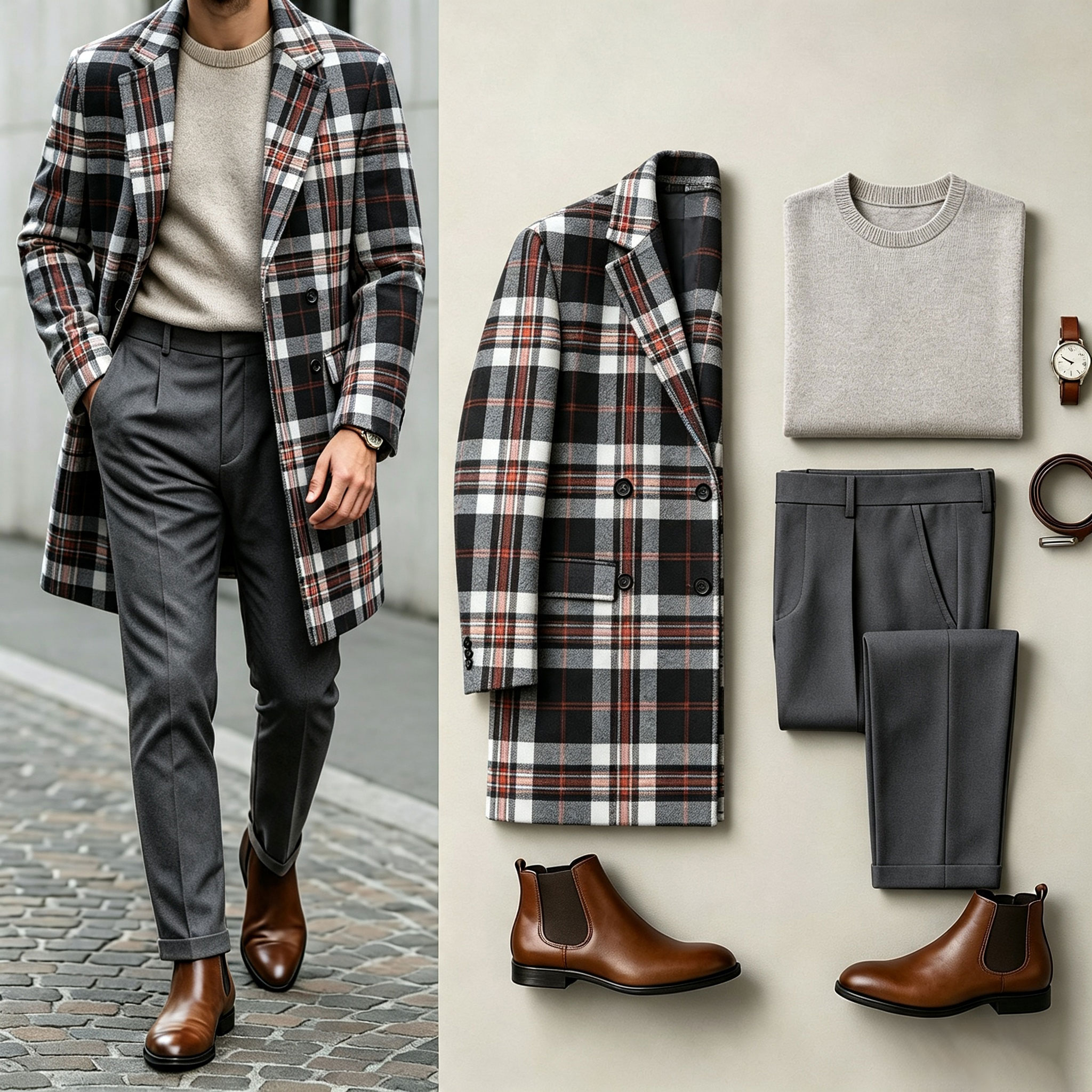 para hombre Plaid Three-Piece Set: Mid-Length Wool Coat, Crew-Neck Sweater, and Flowy Dress pantalón