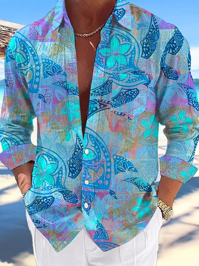 Camisa casual Hawaiian Turtle estampado Lapel para hombre