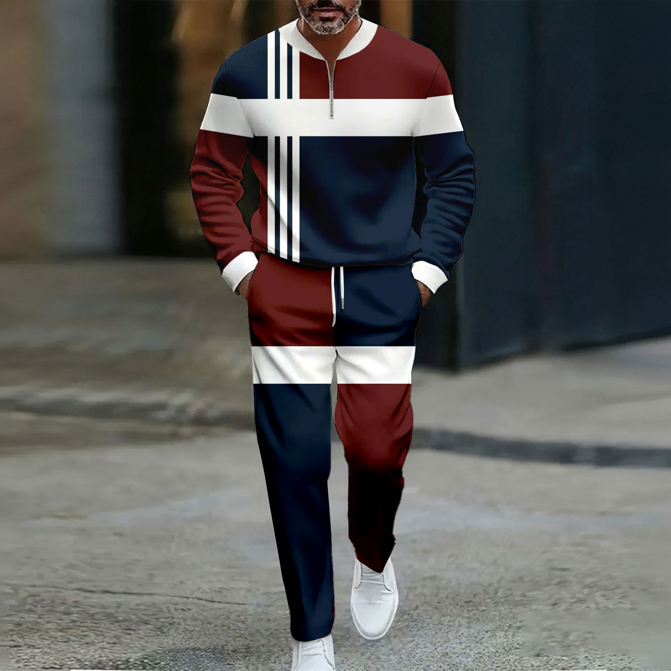 Conjunto de dos piezas casual Color Matching estampado Round-Neck Zipper de manga larga Trousers para hombre