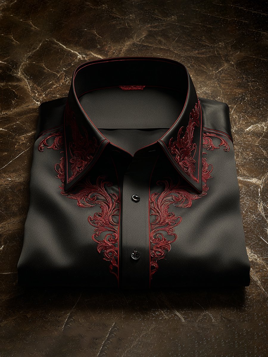 Camisa satén de lujo European diseño de manga larga con botones para hombre
