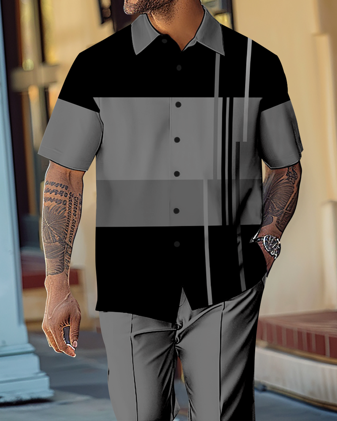 Camisa Gradient en bloques de color de manga corta Walking Suit 1143 para hombre