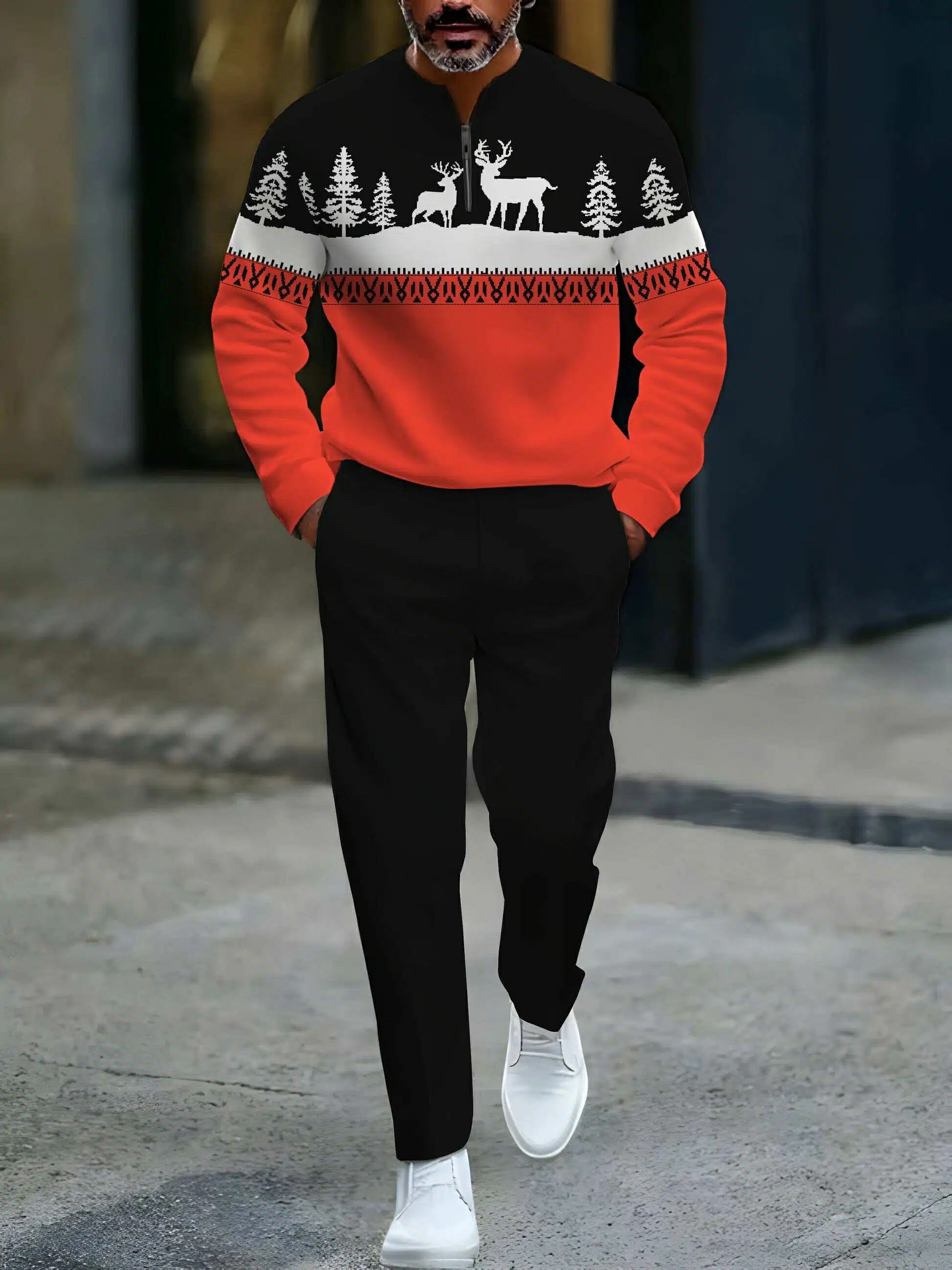Conjunto de dos piezas casual Black & Red Color Matching Elk Christmas estampado Round-Neck Zipper de manga larga sudadera & Trousers para hombre