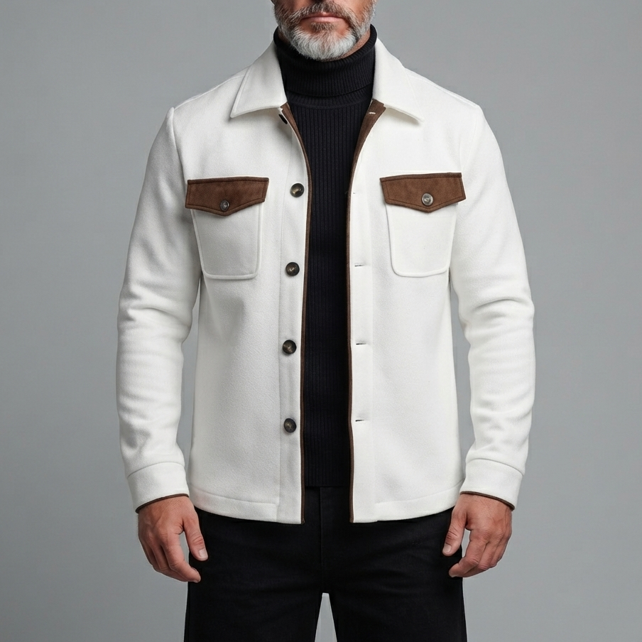 para hombre White Contrast Flap Pockets Turndown Collar Single Breasted Slim chaqueta