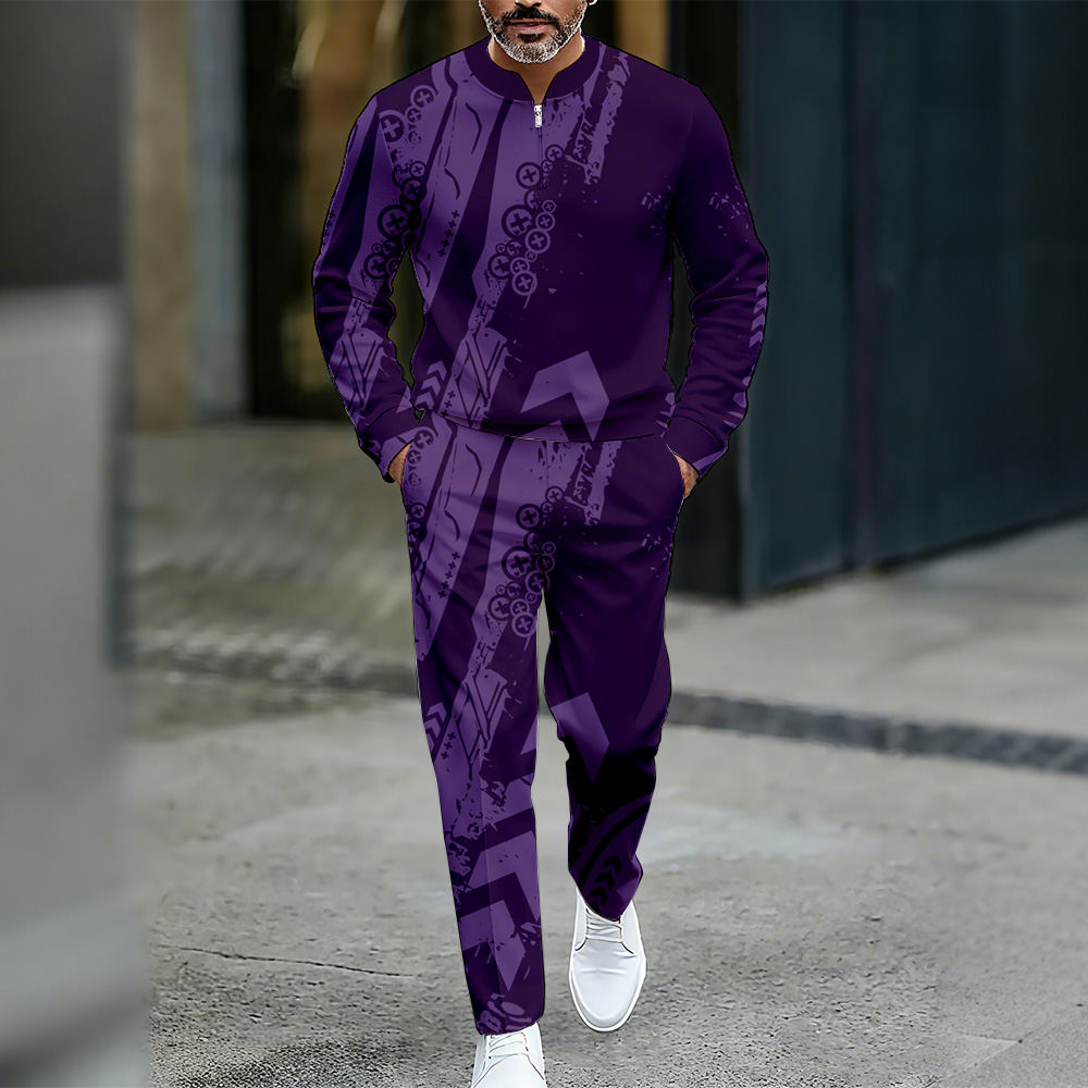 Conjunto de dos piezas casual Color Matching estampado Round-Neck Zipper de manga larga Trousers para hombre