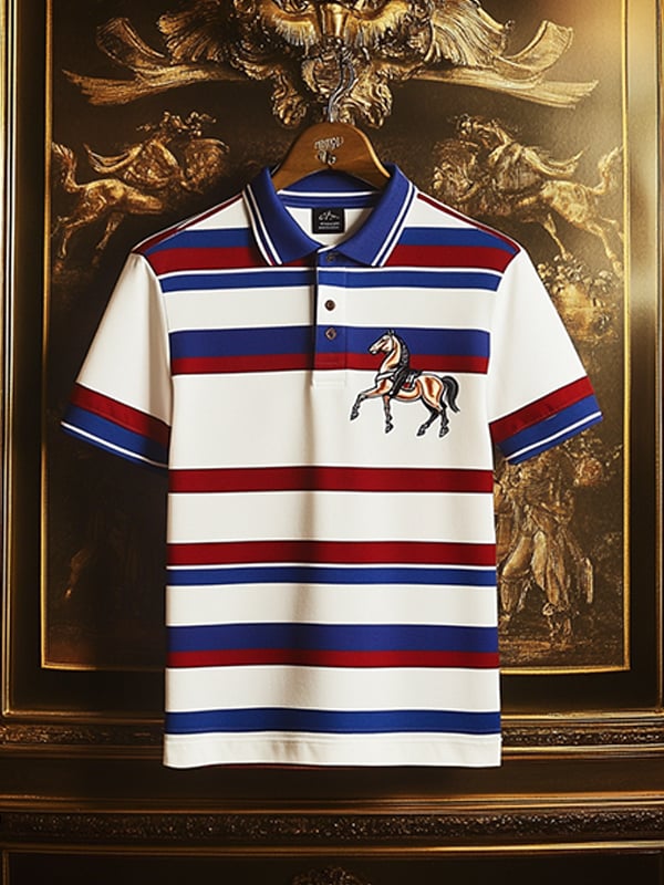 Camisa polo ejecutivo rayas Logo con botones de manga corta para hombre