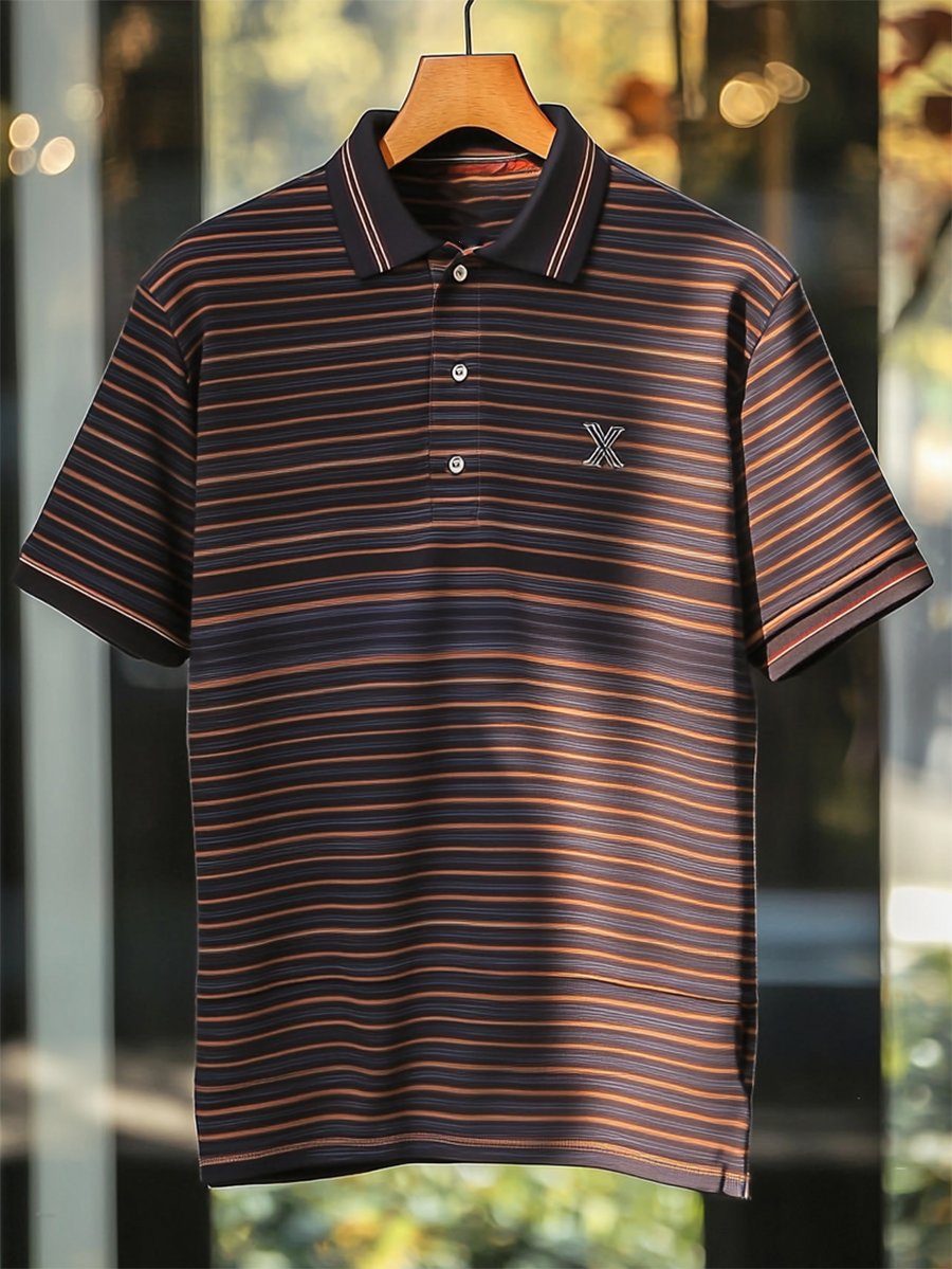 Camisa polo ejecutivo casual a rayas Skull Button de manga corta para hombre